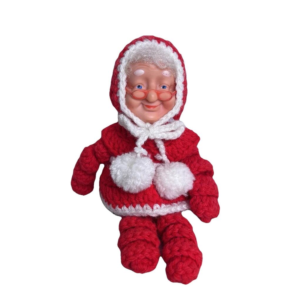 Vintage Rubber Face Mrs. Claus Crochet Doll Figure Christmas Holiday Decor 10"